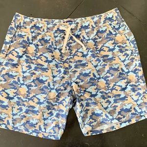 Johnnie O Men’s Swim Suit Trunks Elastic Waist Drawstring Blue & Tan Size Large